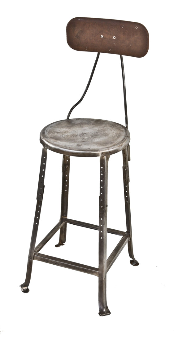 original c. late 1920's american industrial adjustable height pressed and folded brushed and sanded steel factory workman's stool with backrest