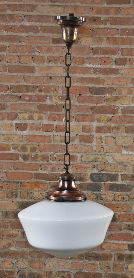 lightly cleaned and reassembled original early 20th century interior american reliance building office "schoolhouse" pendant light fixture
