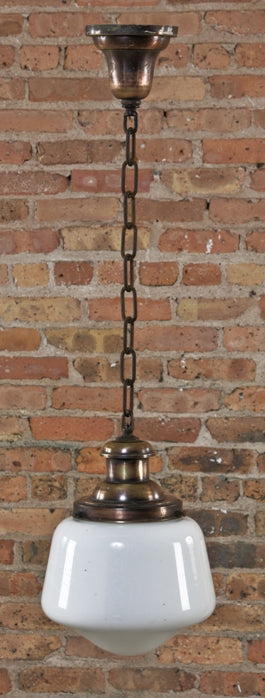 unique-shaped original and intact early 20th century white opalescent glass shade pendant fixture salvage from the reliance building