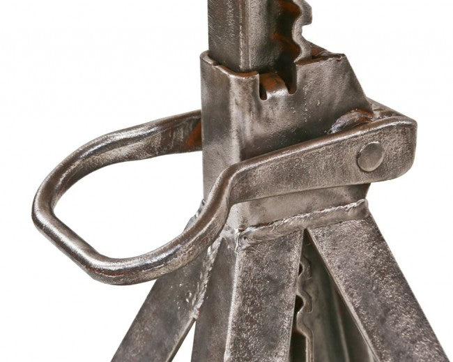 single vintage american industrial reinforced adjustable height diminutive rack and pinion cast iron jack display stand with newly added oak wood top