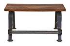very unique repurposed american industrial heavy duty stationary sitting bench with a newly added walnut wood top and oversized steel pipe footrest