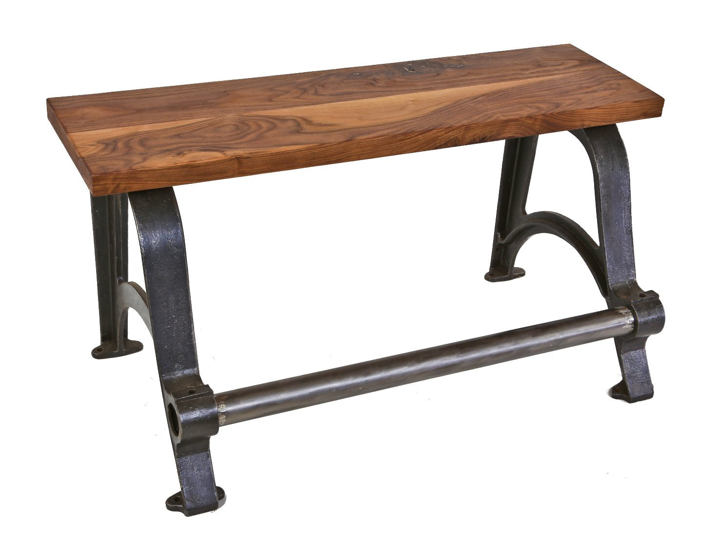 very unique repurposed american industrial heavy duty stationary sitting bench with a newly added walnut wood top and oversized steel pipe footrest