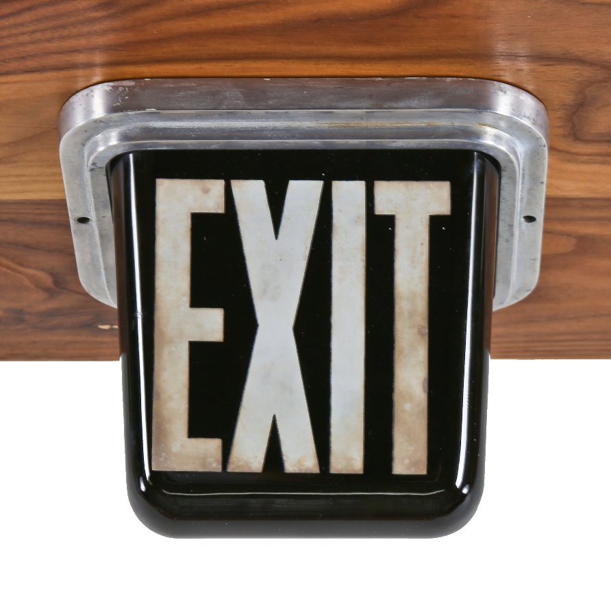 original c. 1930's american art deco wedge-shaped dark emerald green illuminated ceiling-mount commercial building exit sign