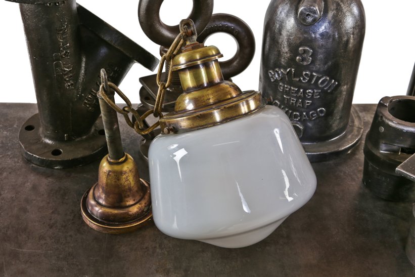c. 1900's american antique interior reliance building single electric hallway pendant light with white opalescent glass globe