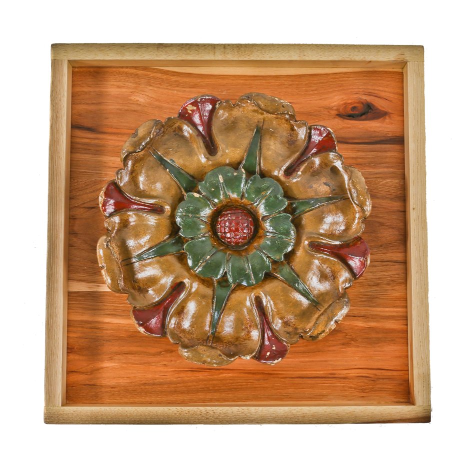 nicely framed original late 1920's american interior polychrome enameled cast plaster ceiling rosette salvaged from the lawndale theater