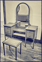 single depression era all original pressed and folded furniture sheet steel "simmons" hospital room mobile lowboy cabinet with intact oversized arch top mirror