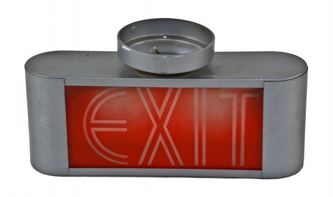 original "new old stock" c. 1930's american depression era art deco streamlined style frosted glass exit panel with intact baked-on green enameled finish