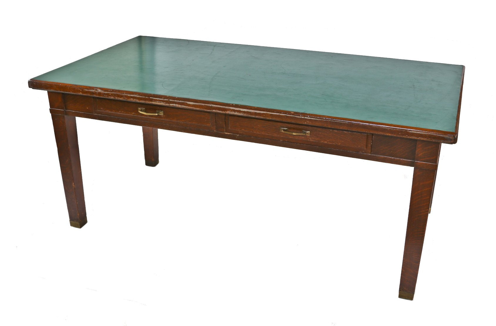 oversized early 1920's american industrial solid quartered oak wood factory office superintendent's desk with original green leather inset