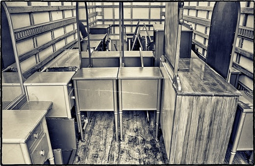 single depression era all original pressed and folded furniture sheet steel "simmons" hospital room mobile lowboy cabinet with intact oversized arch top mirror