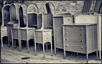 single depression era all original pressed and folded furniture sheet steel "simmons" hospital room mobile lowboy cabinet with intact oversized arch top mirror