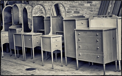 single depression era all original pressed and folded furniture sheet steel "simmons" hospital room mobile lowboy cabinet with intact oversized arch top mirror