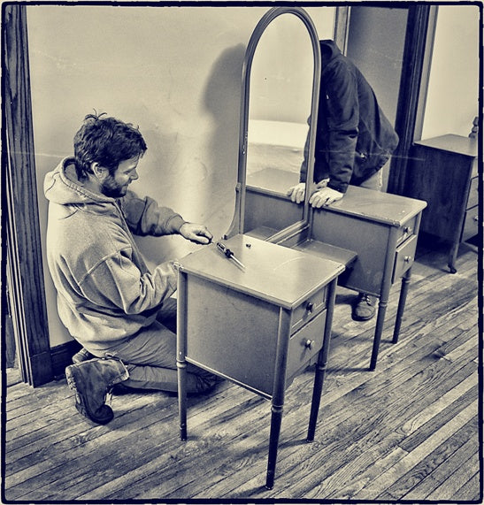 single depression era all original pressed and folded furniture sheet steel "simmons" hospital room mobile lowboy cabinet with intact oversized arch top mirror