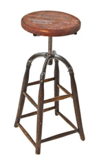 adjustable height turn of the century american antique industrial four-legged oak wood and iron draftsman stool with revolving seat