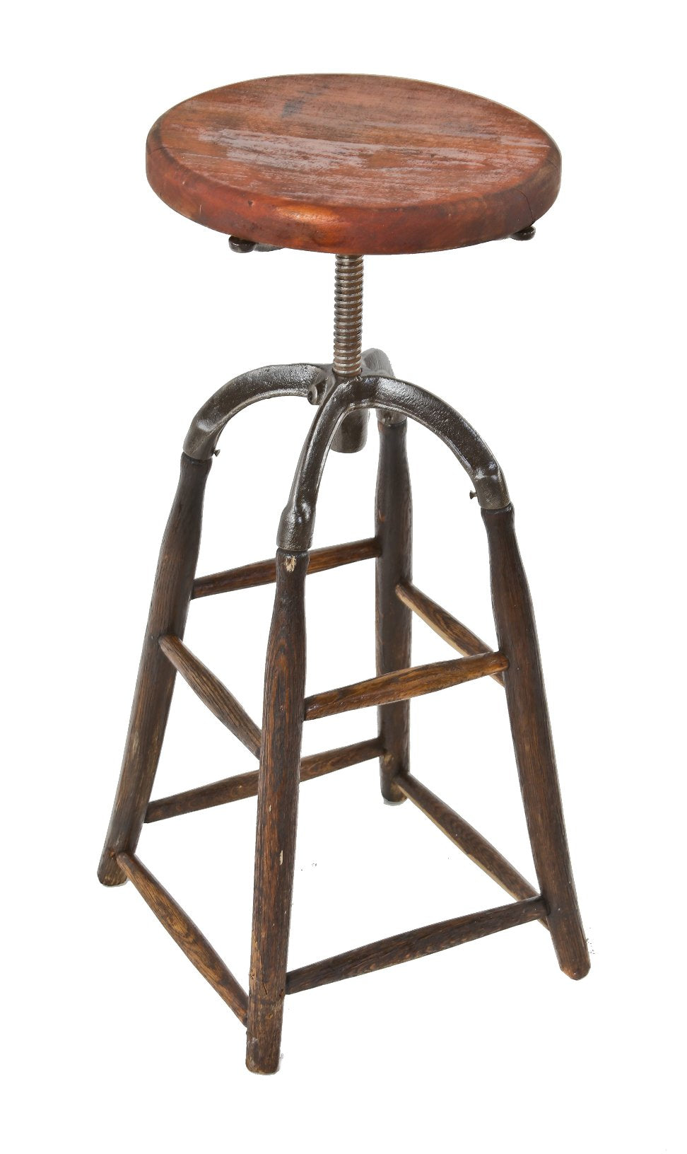 adjustable height turn of the century american antique industrial four-legged oak wood and iron draftsman stool with revolving seat