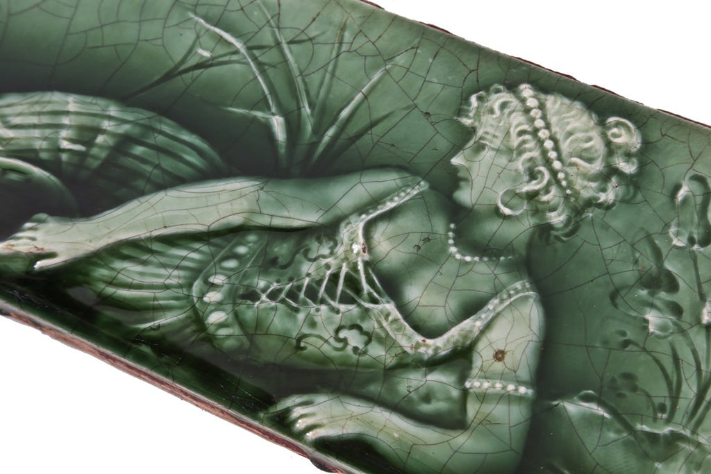 hard to find late 19th century original and largely intact american victorian era oversized green majolica-glazed figural ceramic frieze tile