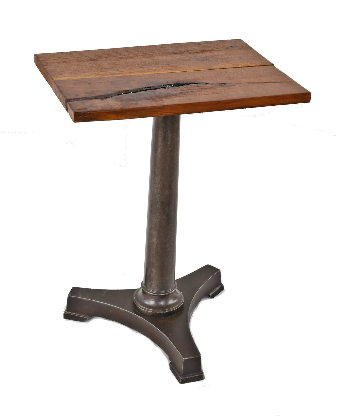 early 20th century american antique industrial tapered cast iron stationary pedestal base with newly added walnut wood tabletop