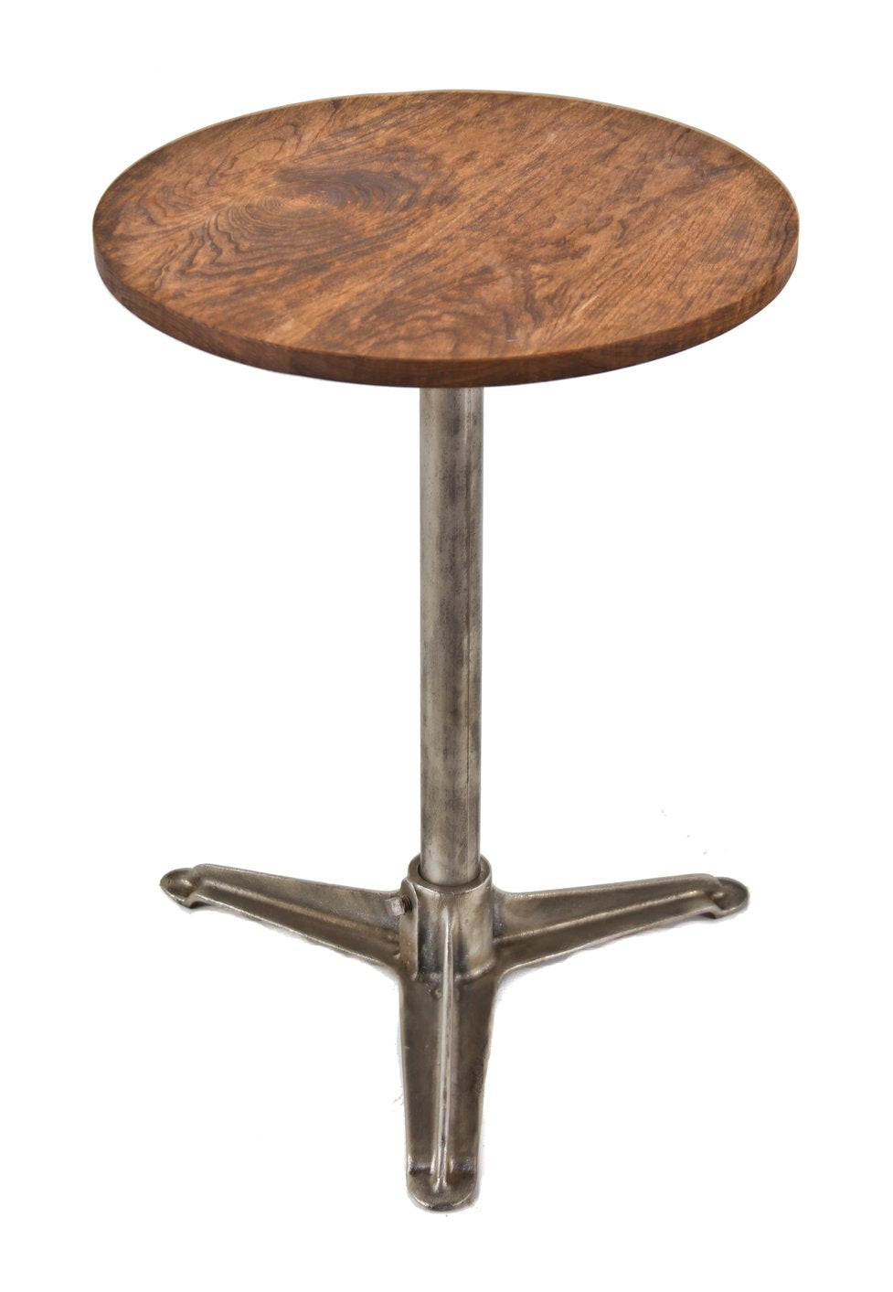 repurposed vintage american industrial low-lying stationary occasional table with three-legged cast iron base and newly added burled oak wood top