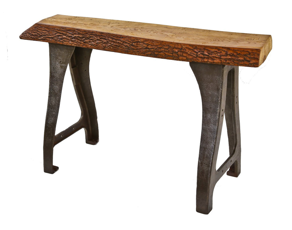 early 20th century repurposed american industrial heavy cast iron factory lathe machine base console with newly added live edge white oak slab top