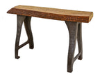 early 20th century repurposed american industrial heavy cast iron factory lathe machine base console with newly added live edge white oak slab top