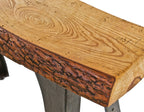 early 20th century repurposed american industrial heavy cast iron factory lathe machine base console with newly added live edge white oak slab top
