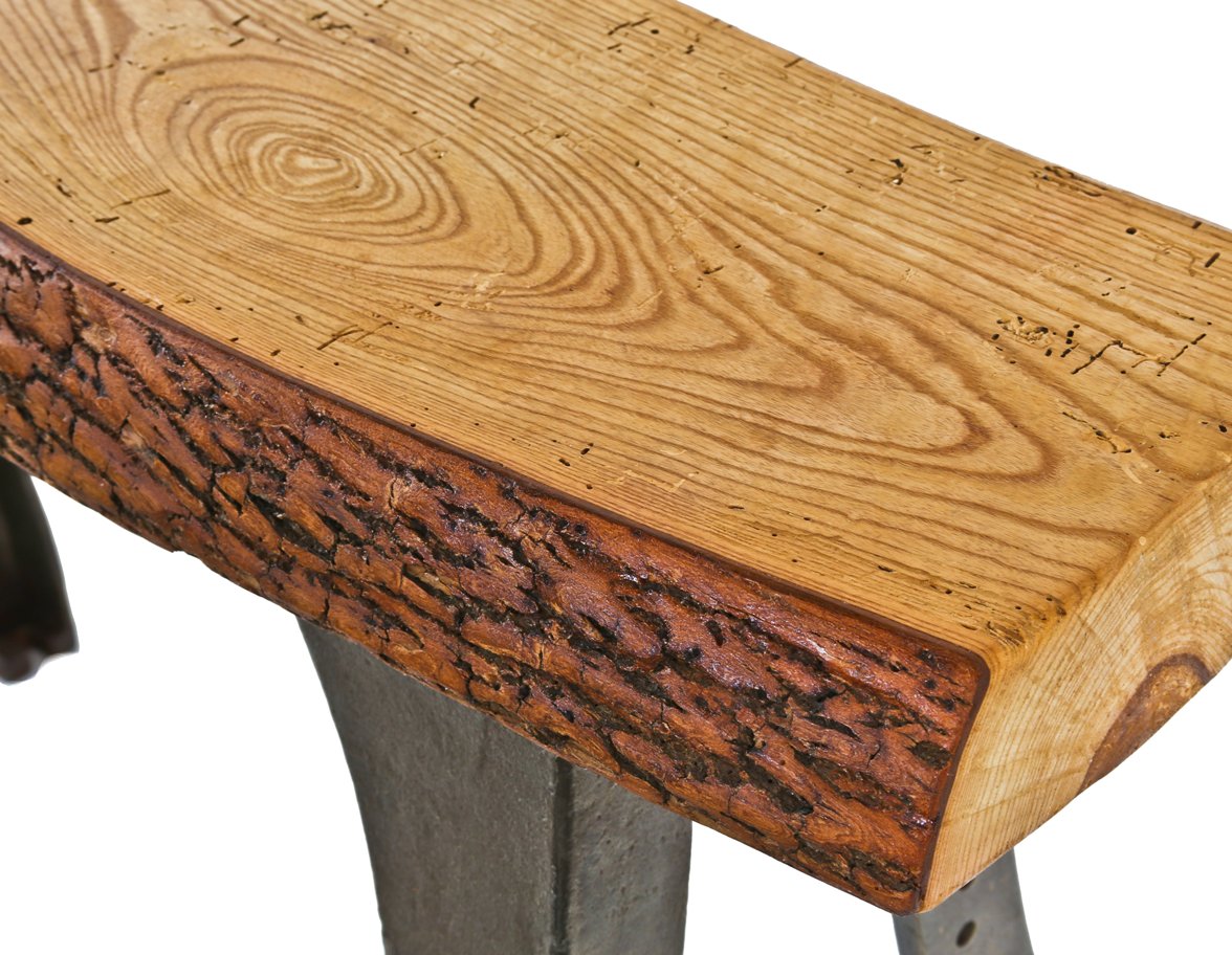early 20th century repurposed american industrial heavy cast iron factory lathe machine base console with newly added live edge white oak slab top