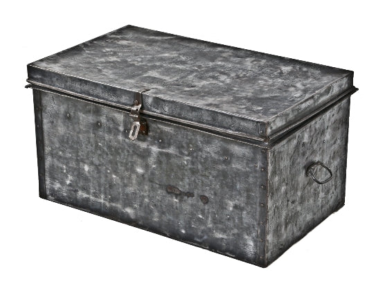 american industrial oversized riveted joint galvanized steel tool chest with intact lockable hasp and opposed drop handles
