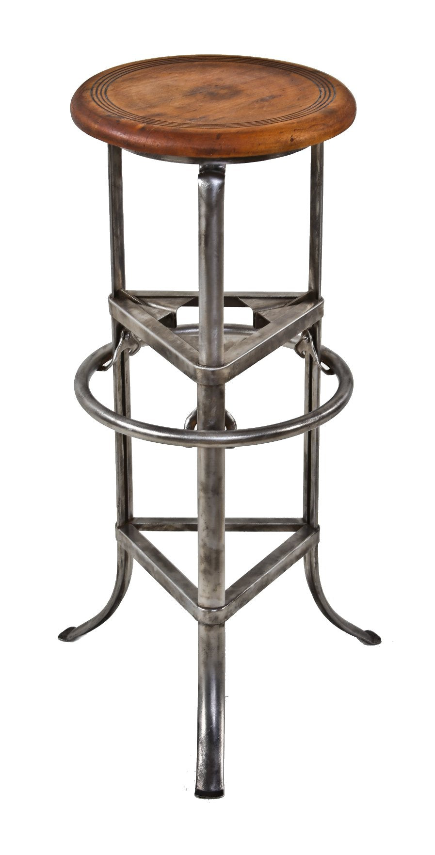 refinished american vintage industrial adjustable height c. vitek-designed three-legged pressed and formed steel stool with maple wood seat
