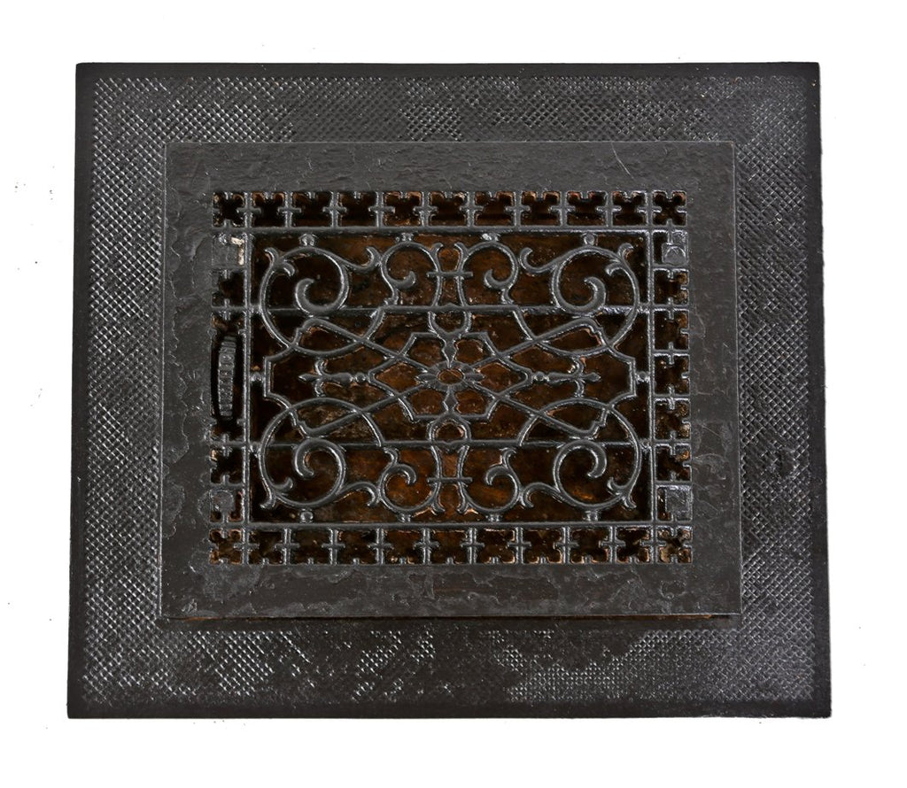 completely intact and operable american victorian era louvered cast iron floor register or grate with delicate foliated scrollwork