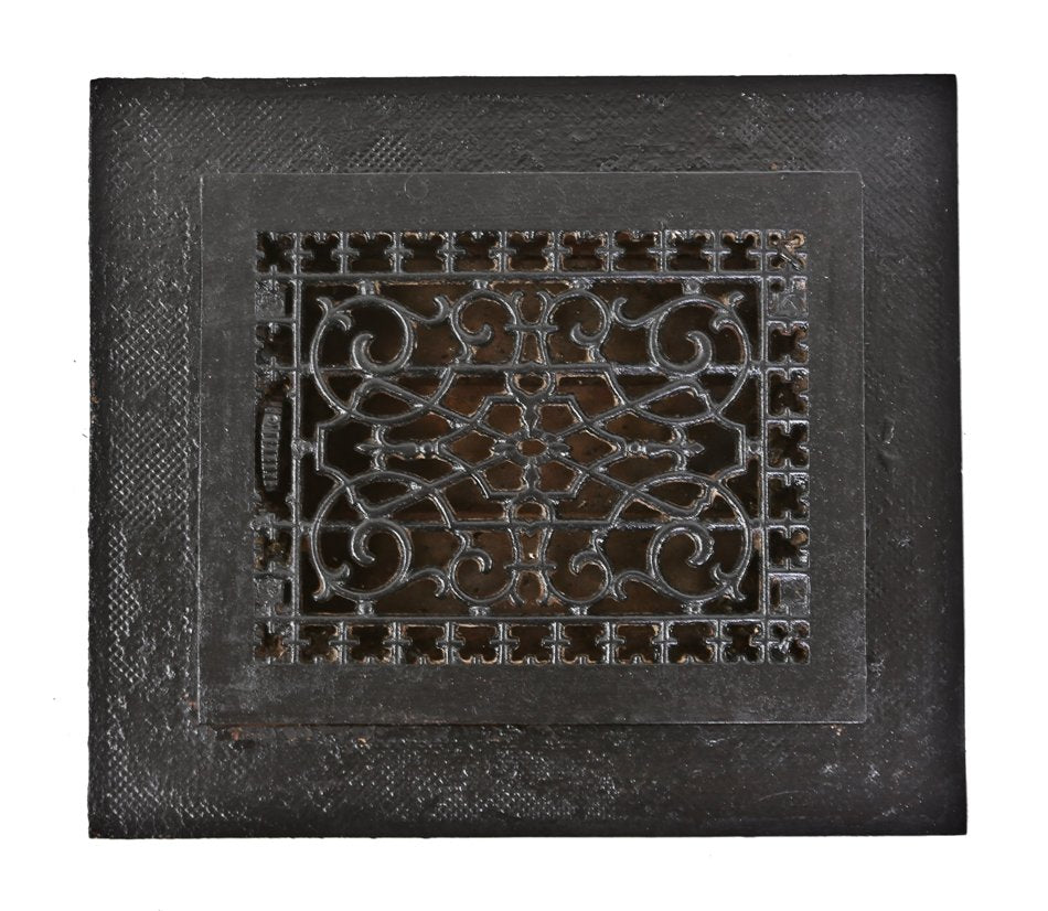 19th century american antique ornamental cast iron interior residential flush mount floor register with intact louvers and original surround