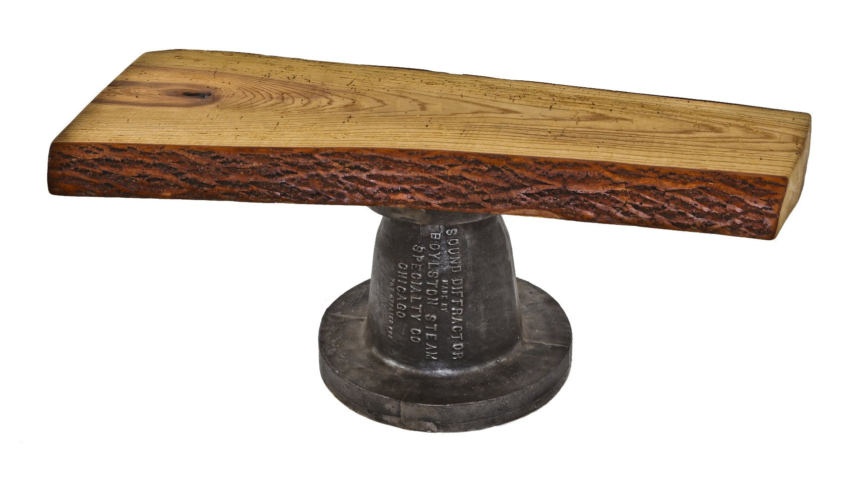 very attractive looking repurposed american industrial "sound diffractor" coffee table and/or sitting bench with oak wood live edge slab