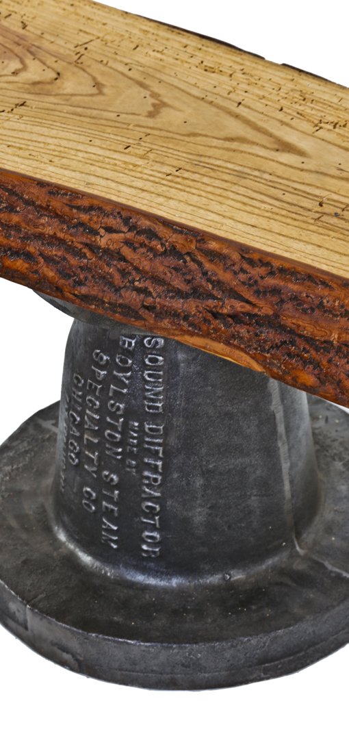 very attractive looking repurposed american industrial "sound diffractor" coffee table and/or sitting bench with oak wood live edge slab