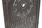 original early 20th century antique american industrial ornamental cast iron winfield spot-welding machine control panel with surrounding greek fret raised border