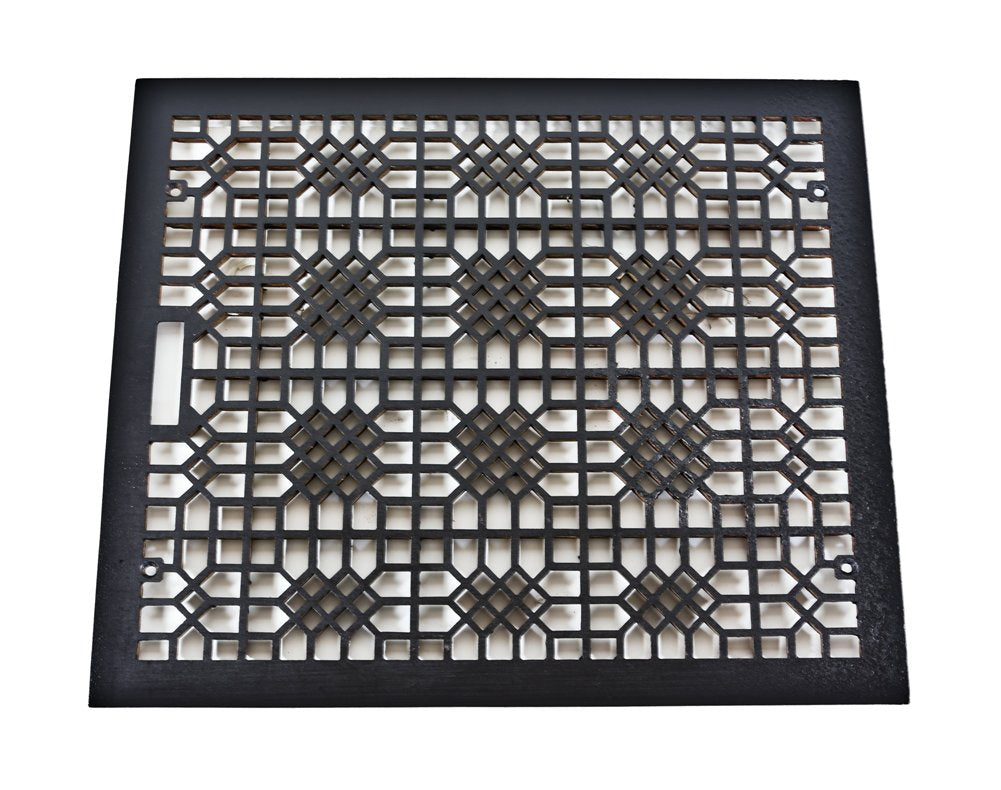 original antique c. 1901 american made ornamental cast iron "indian lattice" pattern commercial building grate with black paint finish