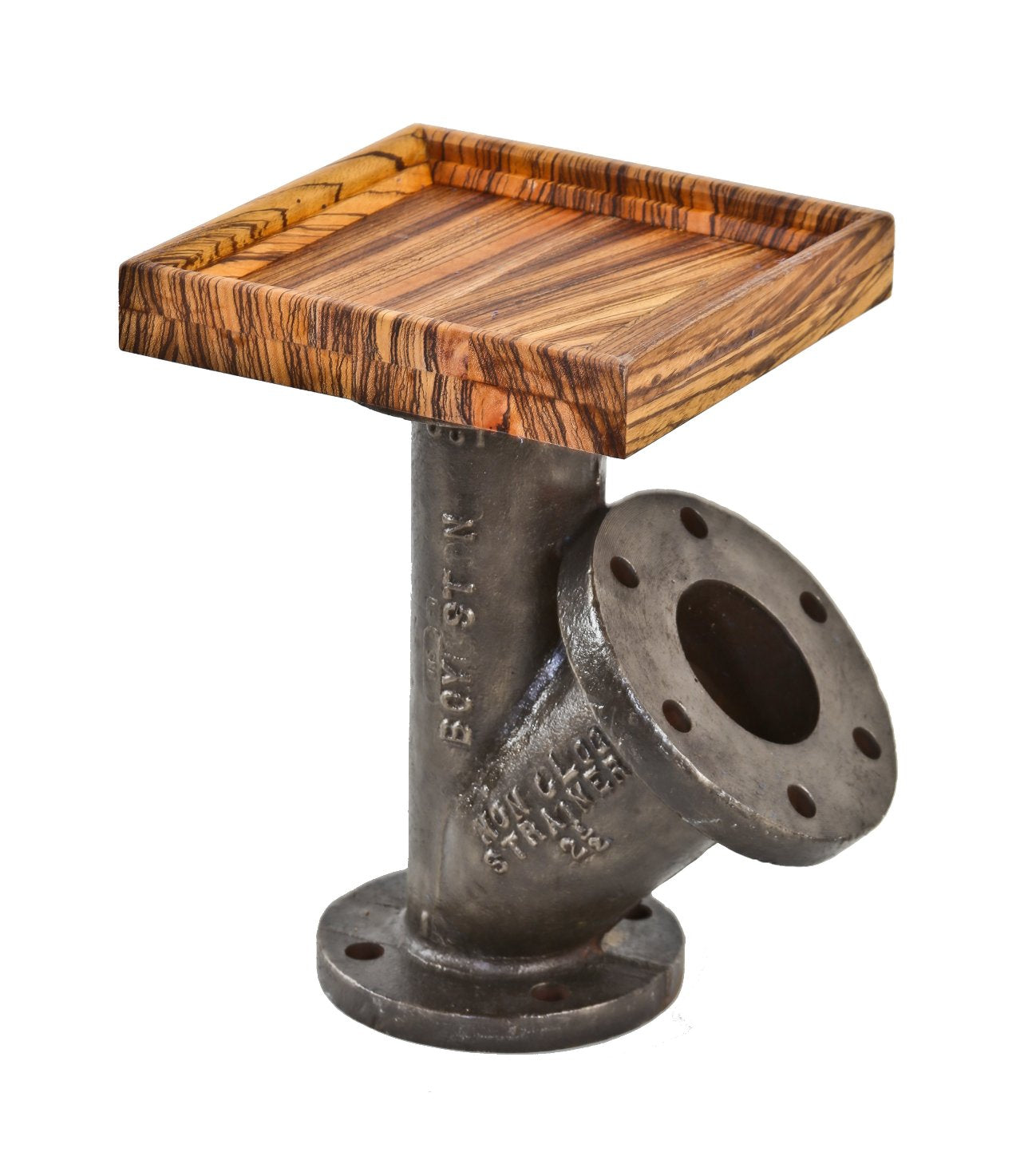 repurposed early 1920's american antique industrial "non-clog" cast iron strainer boylston steam valve component with zebrawood tray