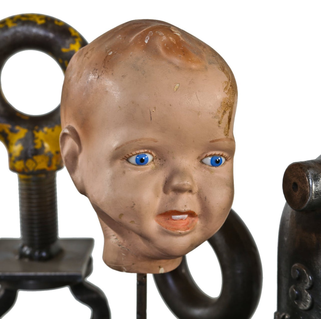 original lightly distressed vintage american industrial "sweetheart" soap mechanical advertising display baby doll head with glass eyes