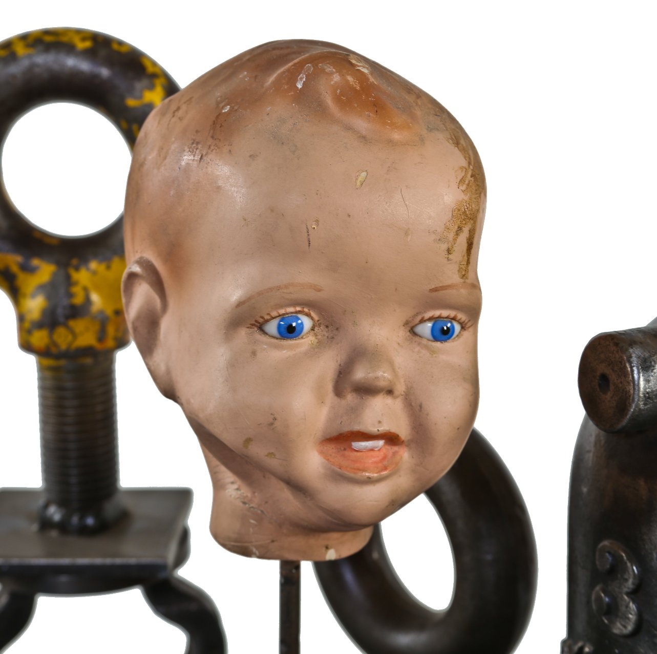 original lightly distressed vintage american industrial "sweetheart" soap mechanical advertising display baby doll head with glass eyes