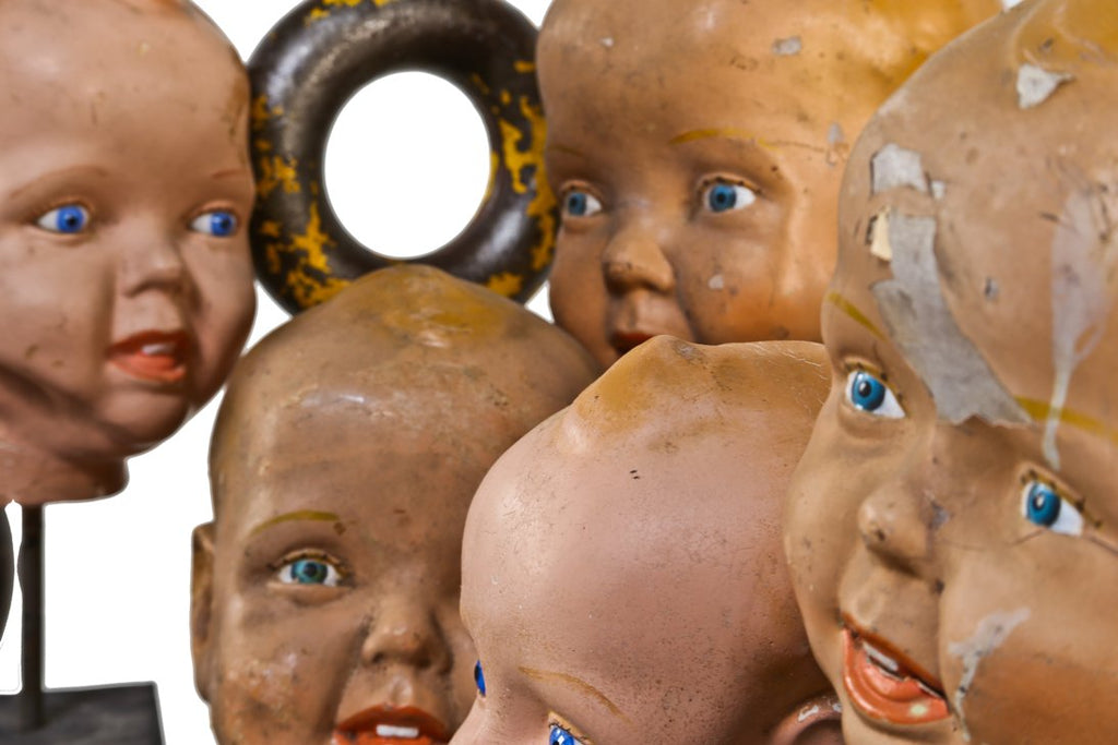 original lightly distressed vintage american industrial "sweetheart" soap mechanical advertising display baby doll head with glass eyes