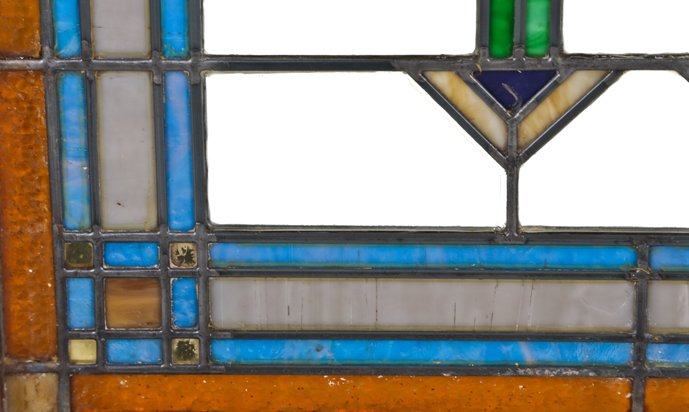 all original perfectly intact early 1920's american chicago prairie school style leaded art glass window with abstract floral motifs