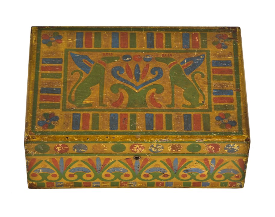 visually distinctive c. 1920's american art deco egyptian revival style hand-painted folk art diminutive wooden box with hinged top