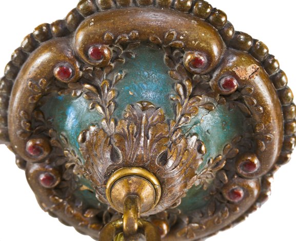 beautiful c. early 1920's all original american interior theater lobby polychromed "composition" electric pendant light with original canopy