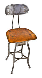 adjustable height c. 1930's american antique industrial "uhl art steel" stationary four-legged factory stool with oversized saddle seat