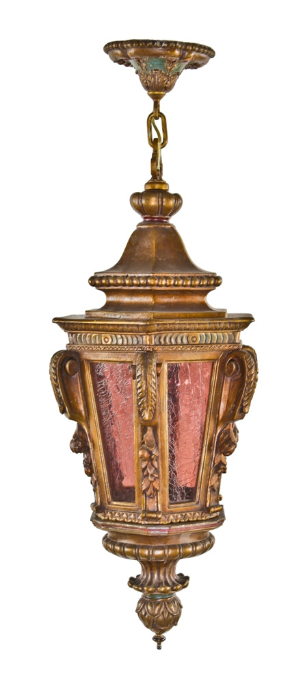 beautiful c. early 1920's all original american interior theater lobby polychromed "composition" electric pendant light with original canopy