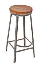 refinished american industrial "royal-chicago" four-legged stationary factory workshop angled steel stool with original pine wood seat