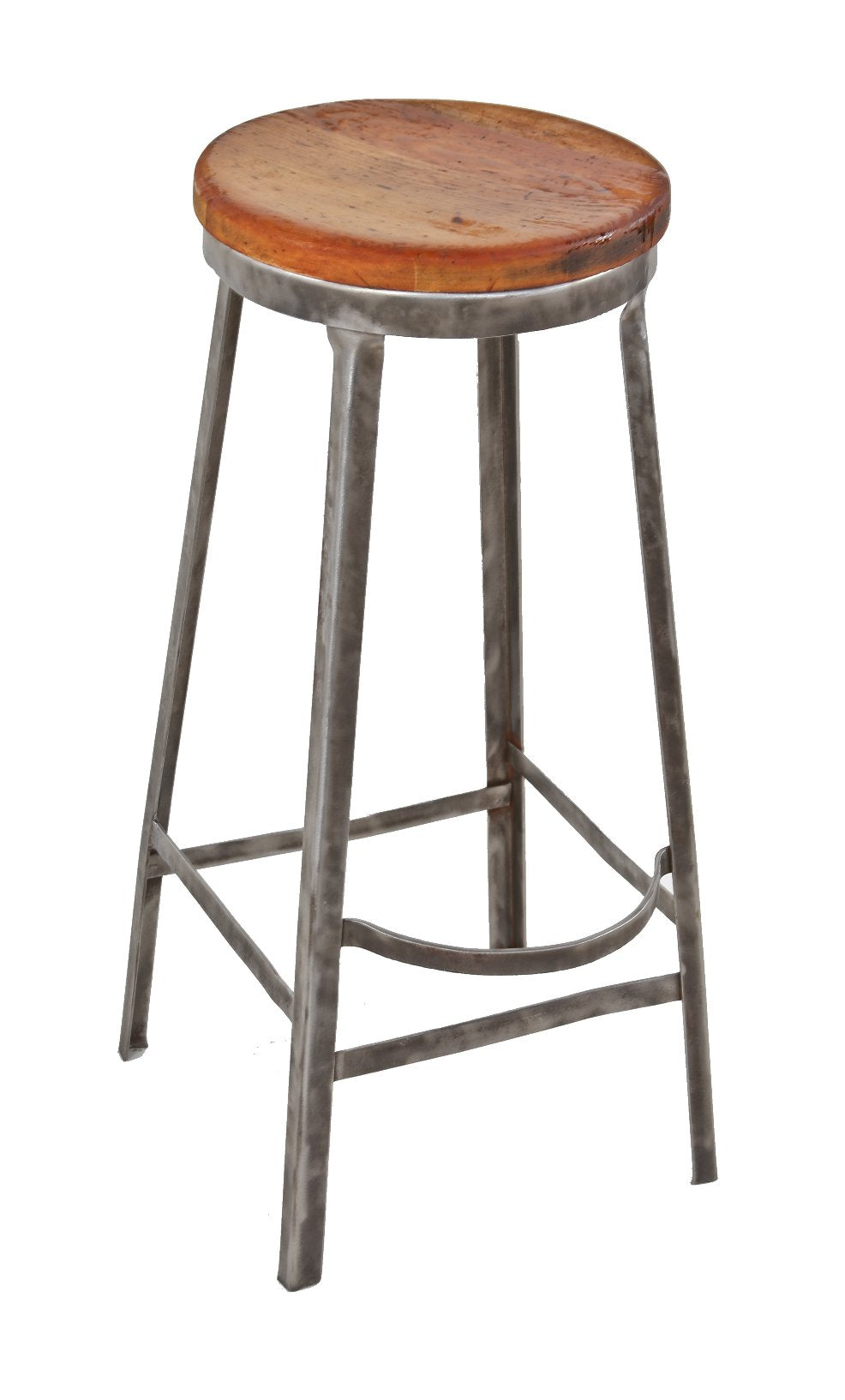 refinished american industrial "royal-chicago" four-legged stationary factory workshop angled steel stool with original pine wood seat