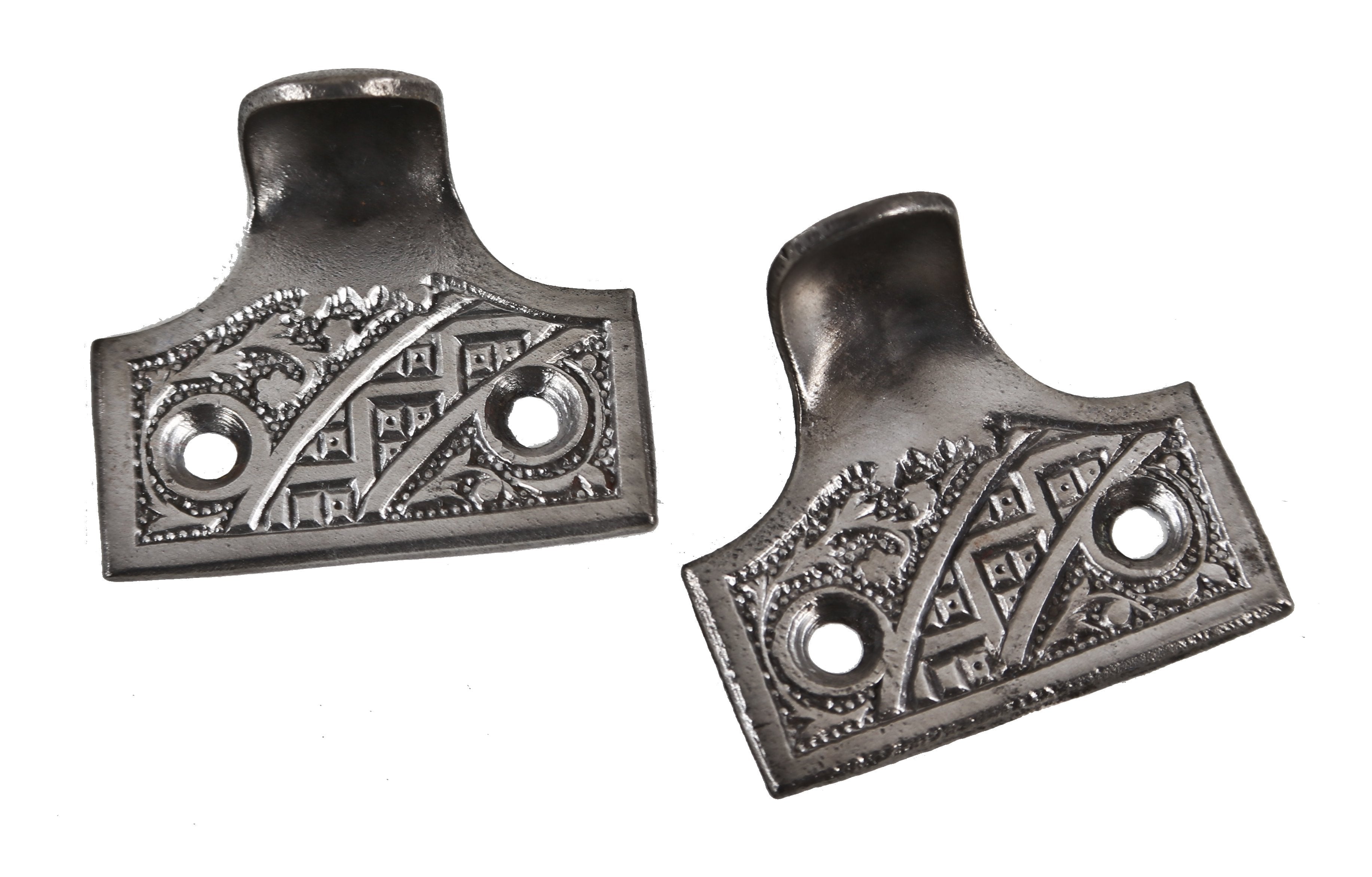matching set of original c. 1890's antique american eastlake style ornamental cast iron residential window sash or finger lifts