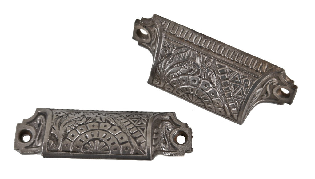 two late 19th century original antique american ornamental cast iron "oriental" pattern interior residential drawer pulls or handles