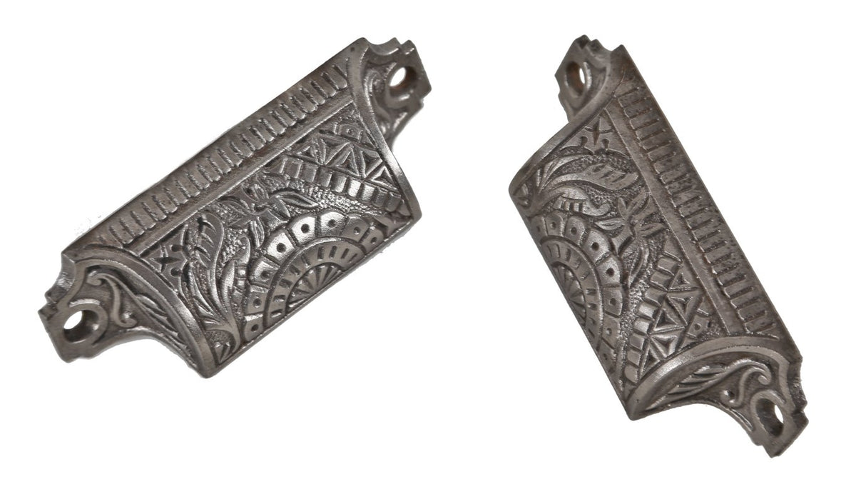 refinished late 19th century original american eastlake style interior residential ornamental cast iron "oriental" pattern drawer pulls