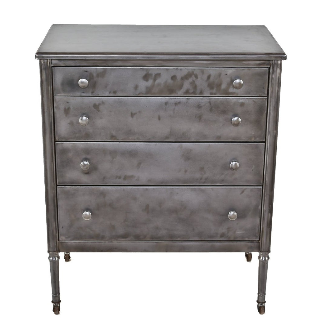 late 1930's american depression era refinished pressed and folded steel mobile furniture dresser with a plurality of sliding drawers