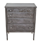 late 1930's american depression era refinished pressed and folded steel mobile furniture dresser with a plurality of sliding drawers