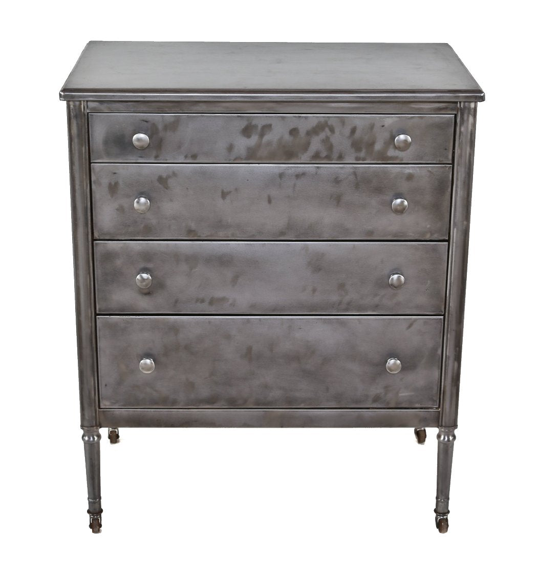 late 1930's american depression era refinished pressed and folded steel mobile furniture dresser with a plurality of sliding drawers